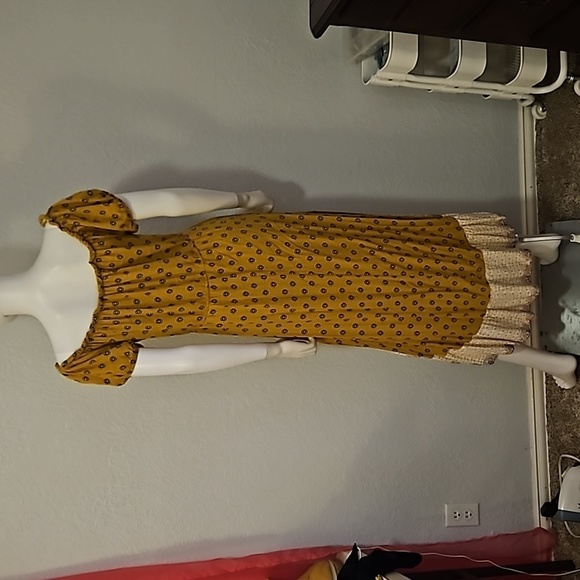 VTG Y2k Mustard Floral Ruffle Off Shoulder High-Low Prairie Boho Dress - Picture 6 of 8